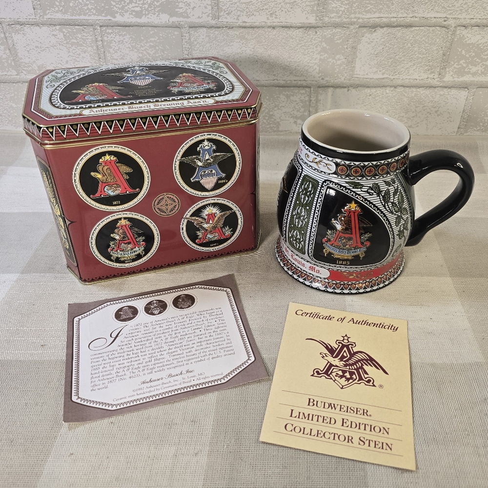 1992 Budweiser & Eagle 1872 Edition Historical Stein Mug in Tin Case NEW